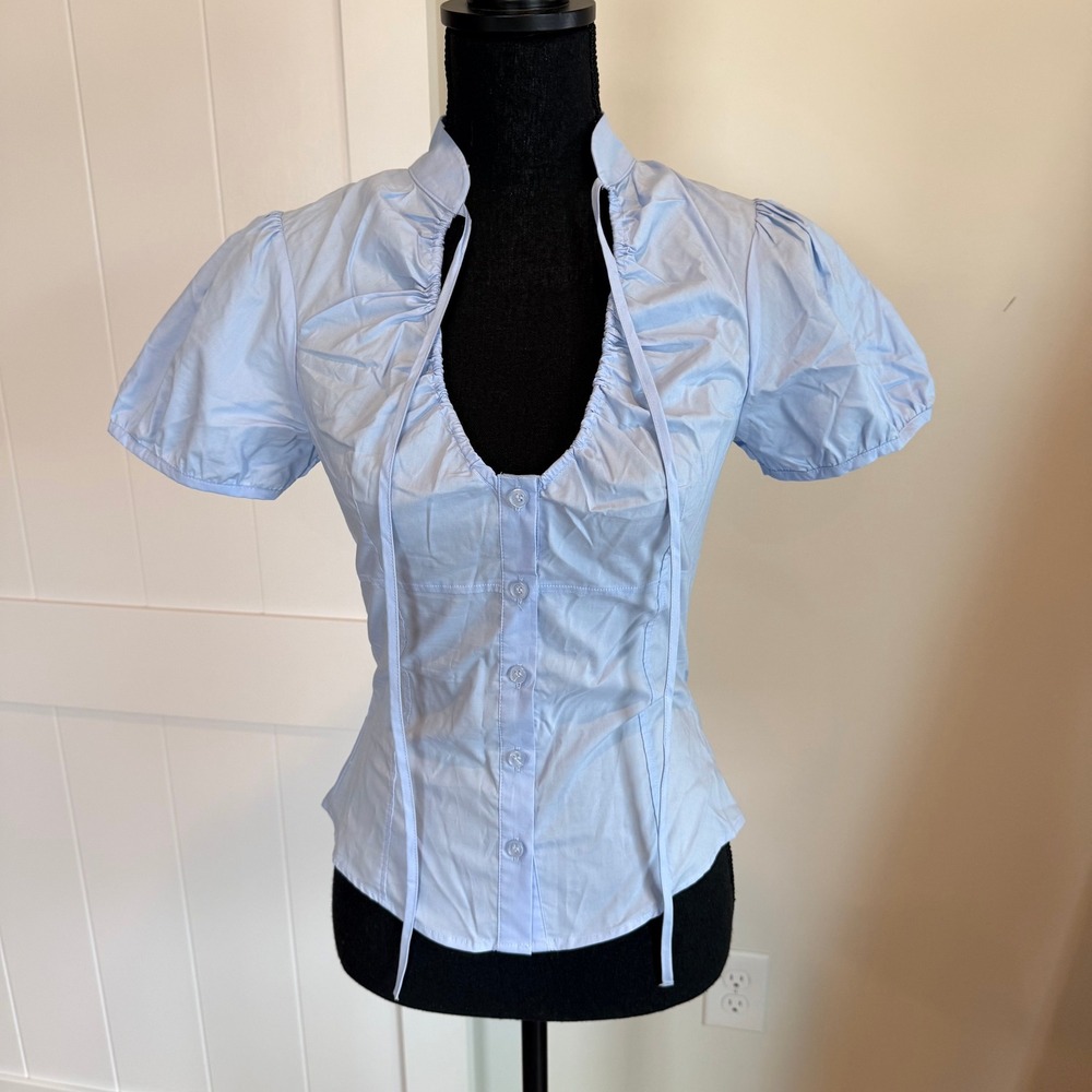 NWT Zara Women Light Blue Cotton Puff Sleeve Ruffle Tie Neck Blouse XS